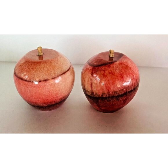 Antique Apple Italian Alabaster Stone Set of 2 Fruit Carved Marble 3" Woodstem - Picture 3 of 10